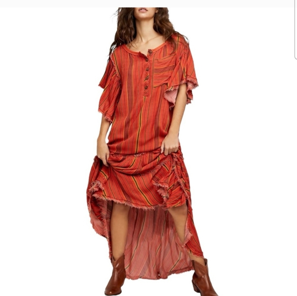Free People Size XL Stripe Henley Raw Hem Maxi Dress Red Orange